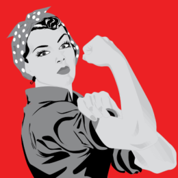 Women Power (Frau vor rotem Hintergrund zeigt die Muskeln ihres rechten Arms)