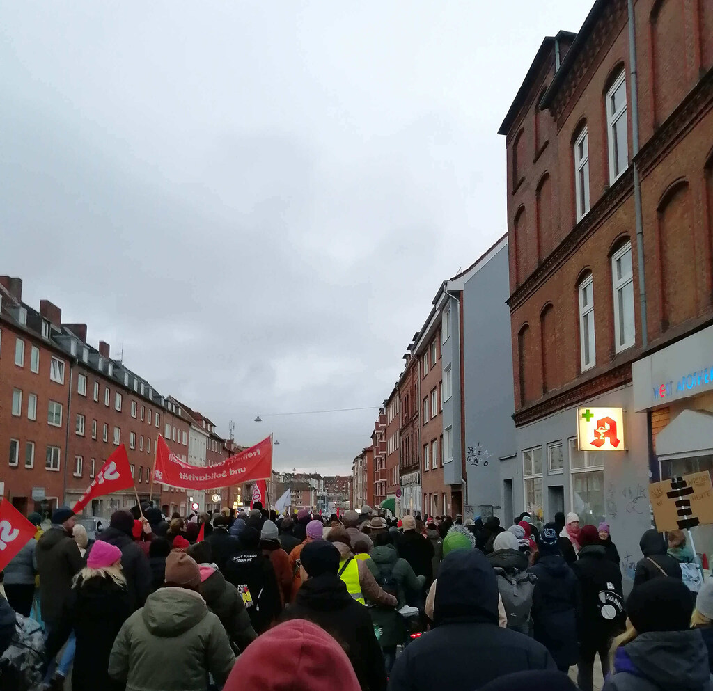 Unzählige Menschen bewege sich während der Demonstration gegen Rechts am 14. Januar 2024 durch die Ringstraße in Kiel. Zu sehen sind unter anderem Fahnen der SPD.