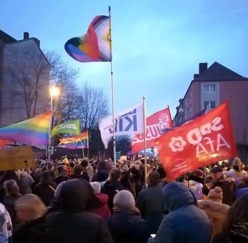 Unzählige Menschen während der Großdemonstration gegen Rechts am 14. Januar 2024 in Kiel. Zu sehen sind unter anderem Regenbogenfahnen, Fahnen der SPD, der Jusos, der Grünen und des SSW.